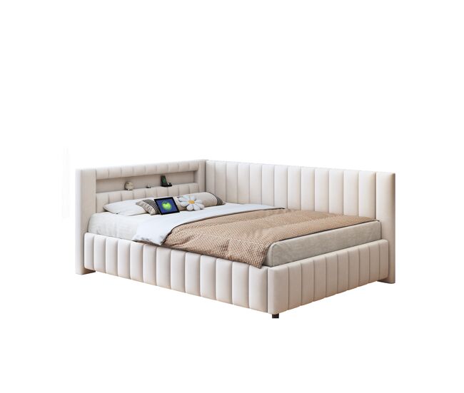 Cama de matrimonio de terciopelo 140x200 cm con luz led,beige