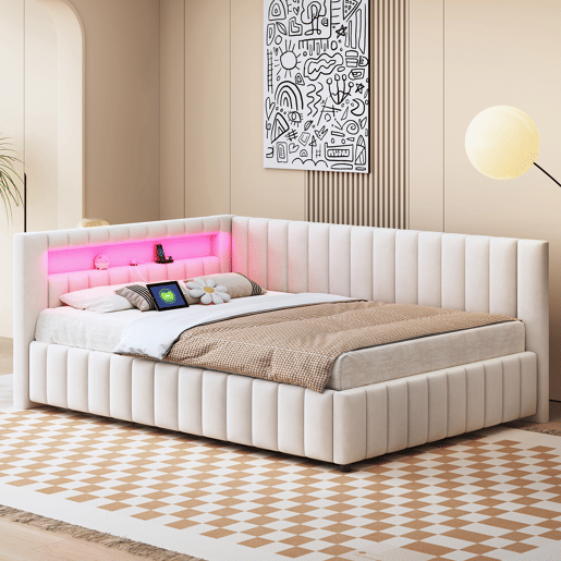 Cama de casal de veludo 140x200 cm com luz led,bege Cama de casal de veludo 140x200 cm com luz led,bege