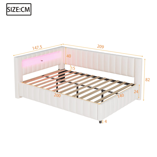 Cama de casal de veludo 140x200 cm com luz led,bege Cama de casal de veludo 140x200 cm com luz led,bege