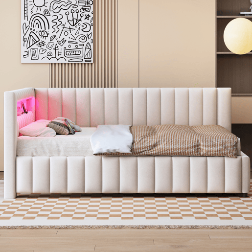 Cama de casal de veludo 140x200 cm com luz led,bege Cama de casal de veludo 140x200 cm com luz led,bege