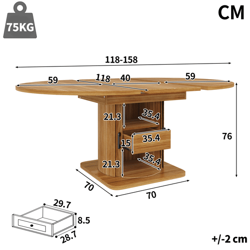 Mesa de jantar extensível redonda 118-158máx cm de mdf,natural Mesa de jantar extensível redonda 118-158máx cm de mdf,natural
