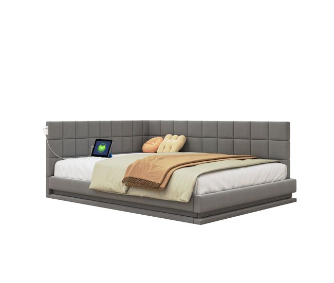 Cama de matrimonio de lino 140x200 cm con luz led,gris