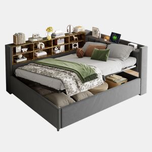 Cama de casal de veludo 140x200 cm com armazenamento,cinza escuro