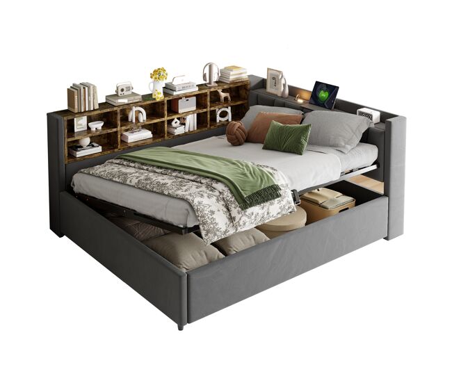 Cama de matrimonio de terciopelo 140x200 cm con almacenaje,gris oscuro