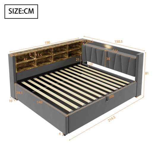 Cama de casal de veludo 140x200 cm com armazenamento,cinza escuro Cama de casal de veludo 140x200 cm com armazenamento,cinza escuro