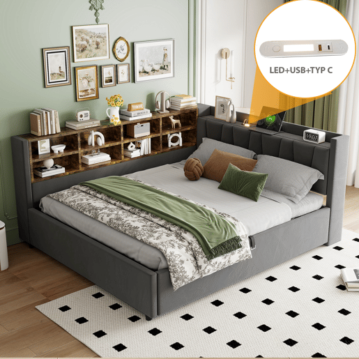 Cama de casal de veludo 140x200 cm com armazenamento,cinza escuro Cama de casal de veludo 140x200 cm com armazenamento,cinza escuro