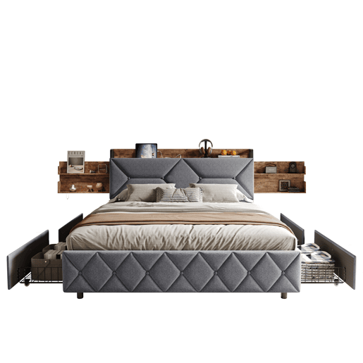 Cama 140x200 cm con 4 Gavetas | Cama Juvenil con Cargador USB y Type-C | Cama de Casal con Estrado de Ripas | Estructura en Madeira, Cinzento Cama 140x200 cm con 4 Gavetas | Cama Juvenil con Cargador USB y Type-C | Cama de Casal con Estrado de Ripas | Estructura en Madeira, Cinzento