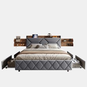 Cama 140x200 cm con 4 Gavetas | Cama Juvenil con Cargador USB y Type-C | Cama de Casal con Estrado de Ripas | Estructura en Madeira, Cinzento