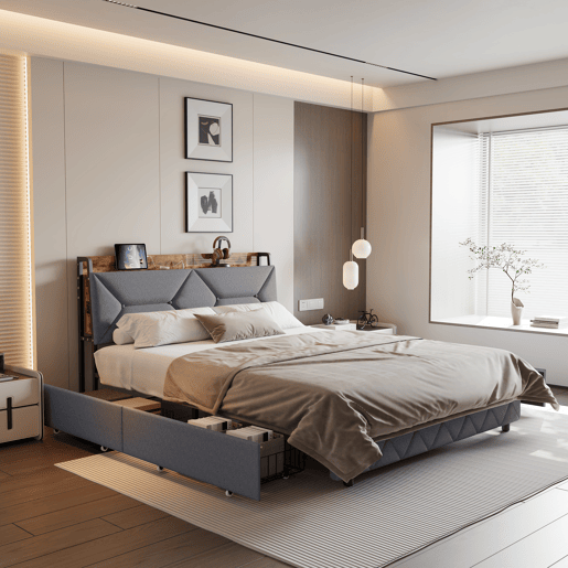 Cama 140x200 cm con 4 Gavetas | Cama Juvenil con Cargador USB y Type-C | Cama de Casal con Estrado de Ripas | Estructura en Madeira, Cinzento Cama 140x200 cm con 4 Gavetas | Cama Juvenil con Cargador USB y Type-C | Cama de Casal con Estrado de Ripas | Estructura en Madeira, Cinzento