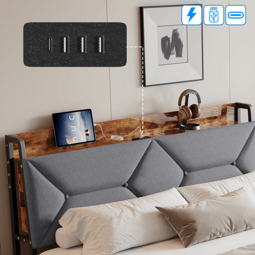 Cama 140x200 cm con 4 Gavetas | Cama Juvenil con Cargador USB y Type-C | Cama de Casal con Estrado de Ripas | Estructura en Madeira, Cinzento Cama 140x200 cm con 4 Gavetas | Cama Juvenil con Cargador USB y Type-C | Cama de Casal con Estrado de Ripas | Estructura en Madeira, Cinzento
