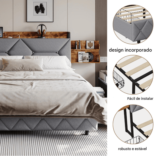 Cama 140x200 cm con 4 Gavetas | Cama Juvenil con Cargador USB y Type-C | Cama de Casal con Estrado de Ripas | Estructura en Madeira, Cinzento Cama 140x200 cm con 4 Gavetas | Cama Juvenil con Cargador USB y Type-C | Cama de Casal con Estrado de Ripas | Estructura en Madeira, Cinzento