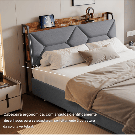 Cama 140x200 cm con 4 Gavetas | Cama Juvenil con Cargador USB y Type-C | Cama de Casal con Estrado de Ripas | Estructura en Madeira, Cinzento Cama 140x200 cm con 4 Gavetas | Cama Juvenil con Cargador USB y Type-C | Cama de Casal con Estrado de Ripas | Estructura en Madeira, Cinzento