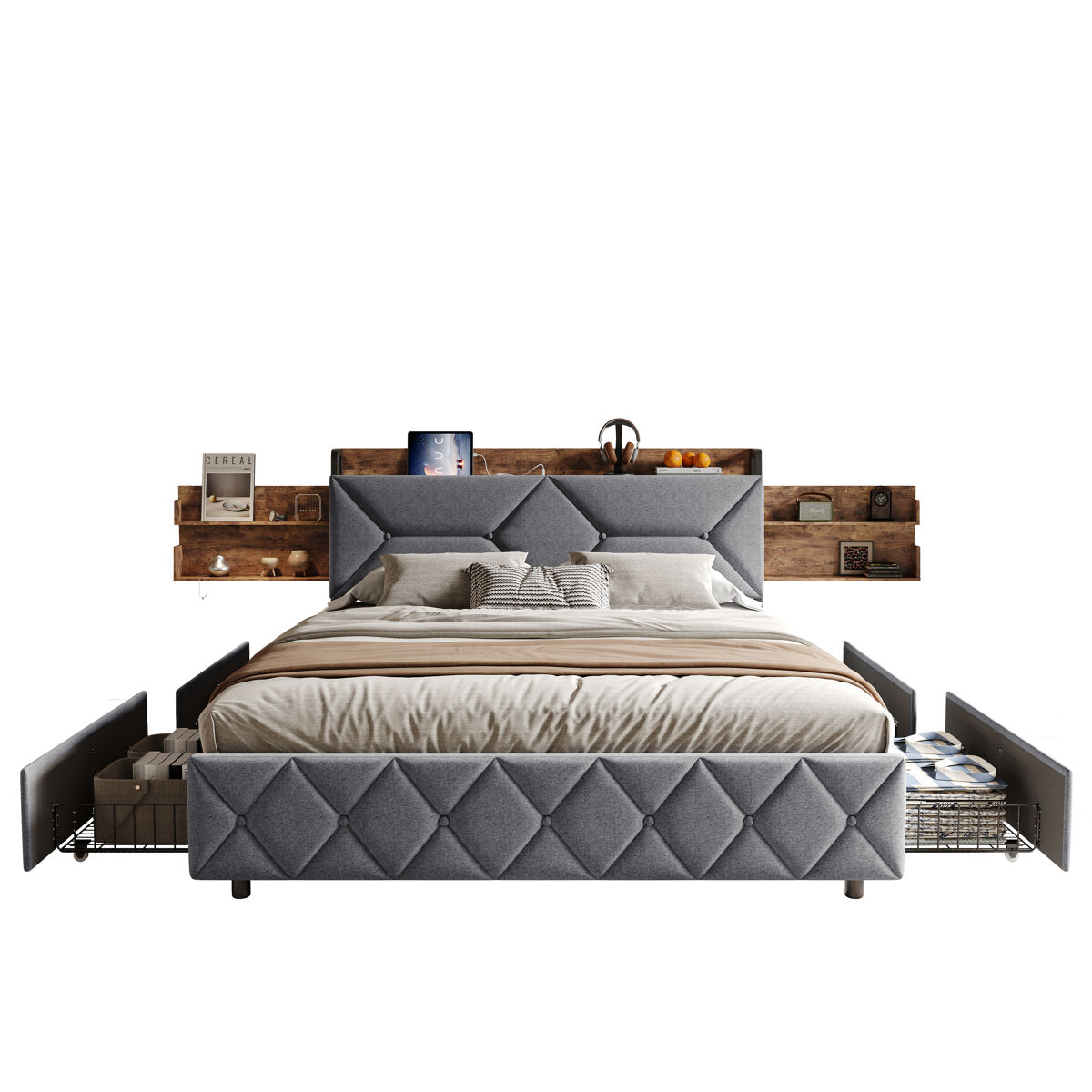 Cama con almacenamiento de 160x200 cm con 4 cajones | cama juvenil con cargador usb y tipo c | cama doble con somier de láminas | estructura de madera