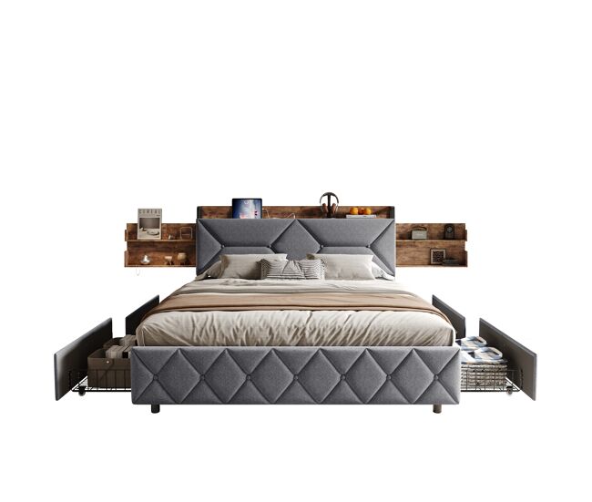 Cama con almacenamiento de 160x200 cm con 4 cajones | cama juvenil con cargador usb y tipo c | cama doble con somier de láminas | estructura de madera