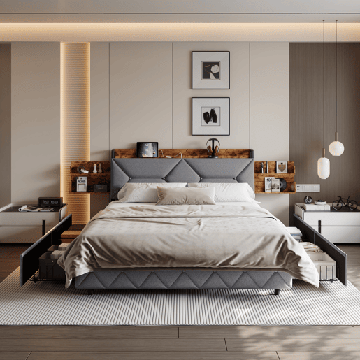 Cama com Arrumação 160x200 cm com 4 Gavetas | Cama Juvenil com Carregamento USB & Type-C | Cama de Casal com Estrado de Ripas | Estrutura em Madeira, Cinzento