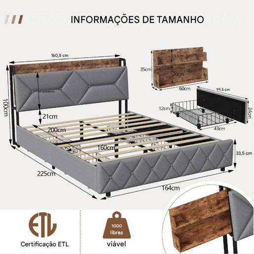 Cama com Arrumação 160x200 cm com 4 Gavetas | Cama Juvenil com Carregamento USB & Type-C | Cama de Casal com Estrado de Ripas | Estrutura em Madeira, Cinzento