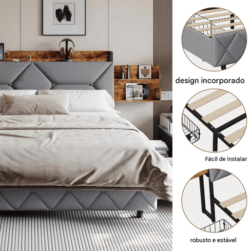 Cama com Arrumação 160x200 cm com 4 Gavetas | Cama Juvenil com Carregamento USB & Type-C | Cama de Casal com Estrado de Ripas | Estrutura em Madeira, Cinzento