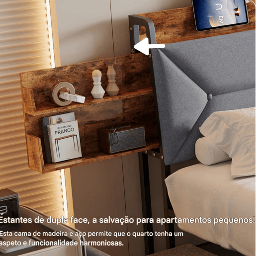 Cama com Arrumação 160x200 cm com 4 Gavetas | Cama Juvenil com Carregamento USB & Type-C | Cama de Casal com Estrado de Ripas | Estrutura em Madeira, Cinzento