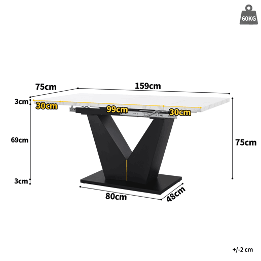 Mesa de jantar extensível retangular 99-159máx cm de mdf,branco+preto Mesa de jantar extensível retangular 99-159máx cm de mdf,branco+preto
