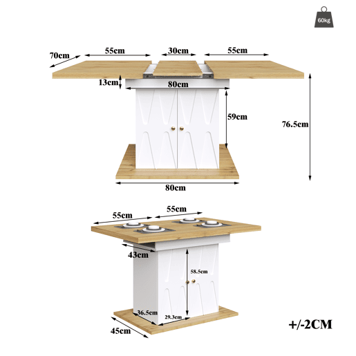 Mesa de jantar extensível retangular 110-140máx cm de mdf,branco+natural Mesa de jantar extensível retangular 110-140máx cm de mdf,branco+natural