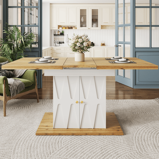 Mesa de jantar extensível retangular 110-140máx cm de mdf,branco+natural Mesa de jantar extensível retangular 110-140máx cm de mdf,branco+natural