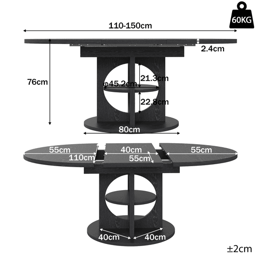 Mesa de jantar extensível redonda 110-150máx cm de mdf,preto Mesa de jantar extensível redonda 110-150máx cm de mdf,preto