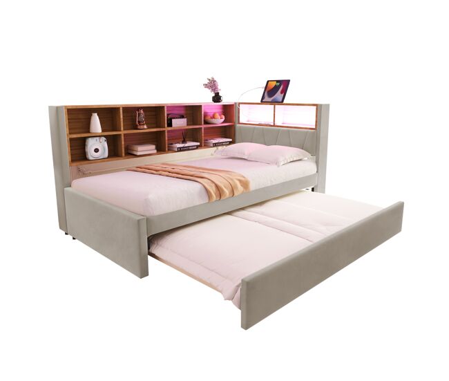 Cama nido de tela 90x200 cm con luz led,gris claro