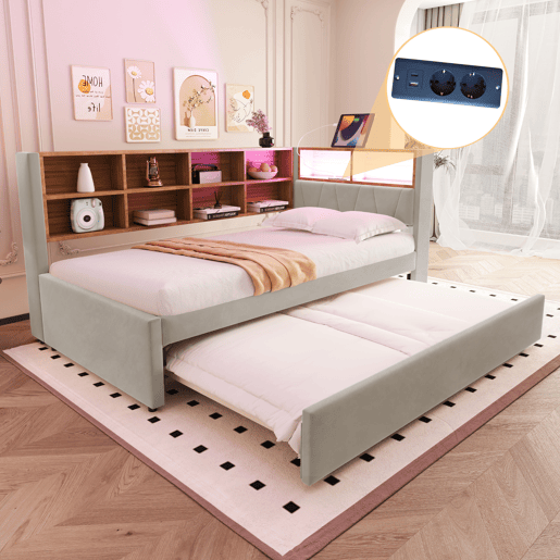 Cama gavetão de tecido 90x200 cm com luz led,cinza claro