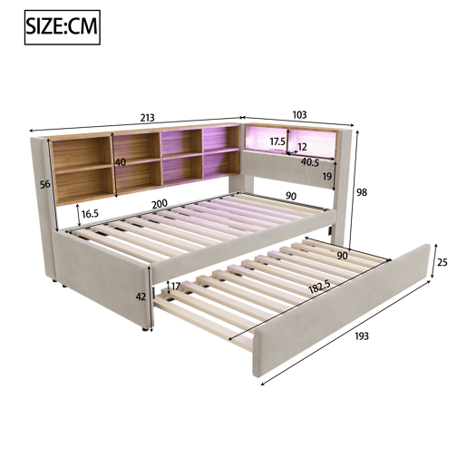 Cama gavetão de tecido 90x200 cm com luz led,cinza claro