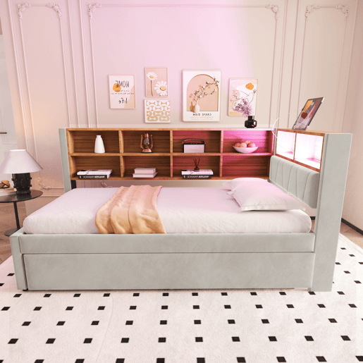 Cama gavetão de tecido 90x200 cm com luz led,cinza claro