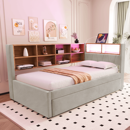 Cama gavetão de tecido 90x200 cm com luz led,cinza claro