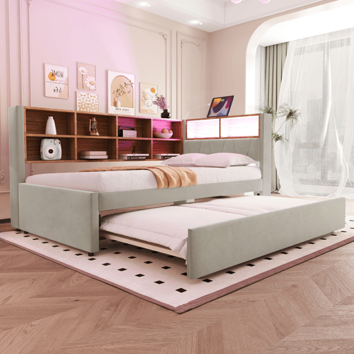 Cama gavetão de tecido 90x200 cm com luz led,cinza claro