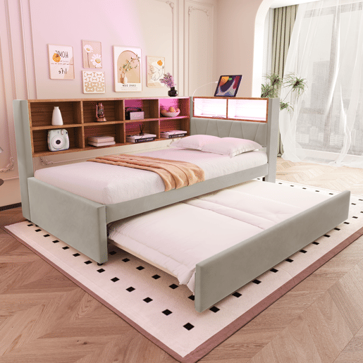 Cama gavetão de tecido 90x200 cm com luz led,cinza claro