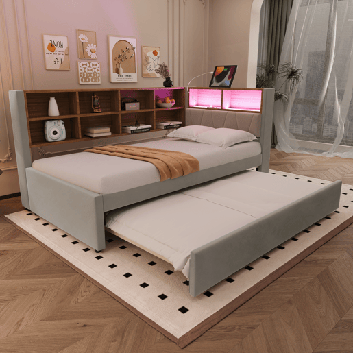 Cama gavetão de tecido 90x200 cm com luz led,cinza claro