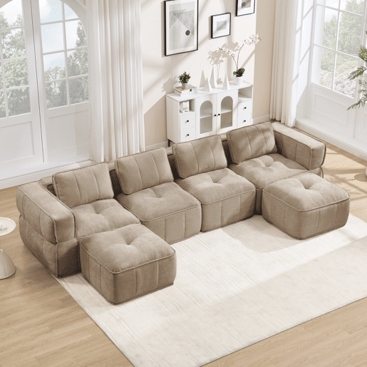 Sofá Modular em U 4 Lugares Poliéster Espuma 32D Bege Sofá Modular em U 4 Lugares Poliéster Espuma 32D Bege