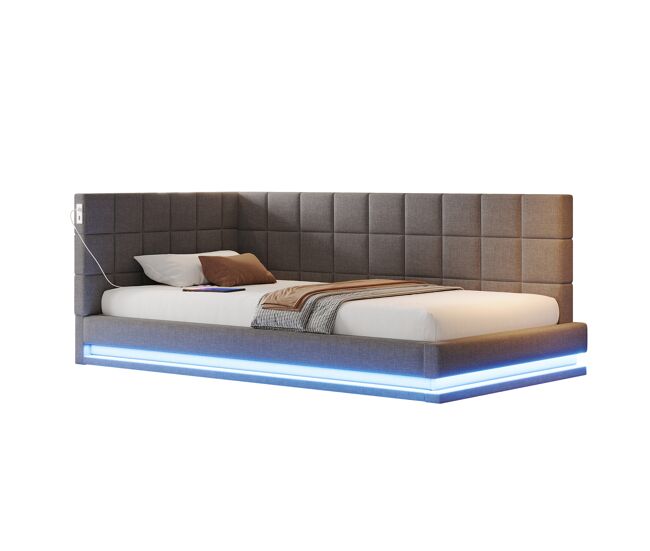 Cama individual de lino 90x200 cm con luz led,gris