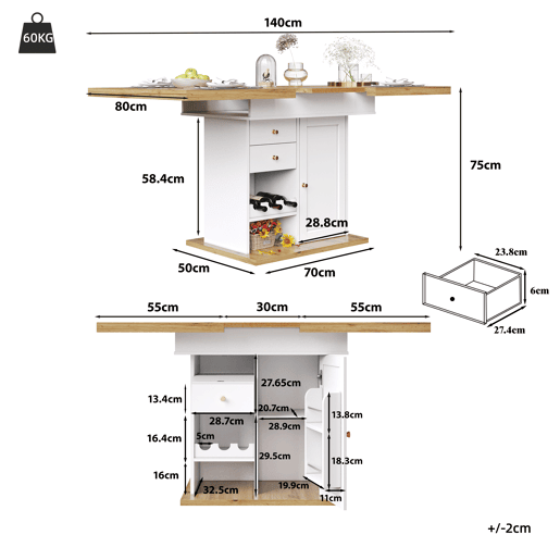 Mesa de jantar extensível retangular 110-140máx cm de mdf,branco+natural