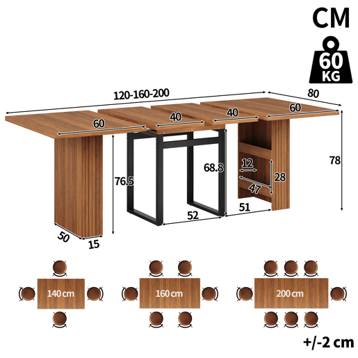 Mesa de jantar extensível retangular 120-200máx cm de mdf,madeira escura Mesa de jantar extensível retangular 120-200máx cm de mdf,madeira escura