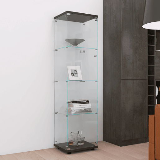Vitrine em vidro preto, 164 x 42,5 x 36,5 cm. Quatro prateleiras de vidro temperado de segurança, adequadas para expor objetos de coleção, livros e vinhos Vitrine em vidro preto, 164 x 42,5 x 36,5 cm. Quatro prateleiras de vidro temperado de segurança, adequadas para expor objetos de coleção, livros e vinhos