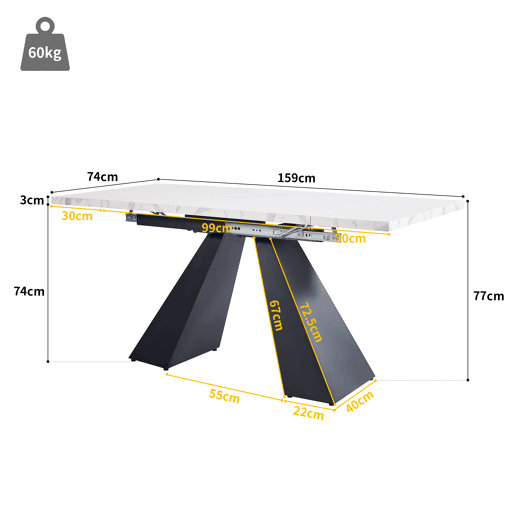 Mesa de jantar extensível retangular 99-159máx cm de mdf,branco+preto Mesa de jantar extensível retangular 99-159máx cm de mdf,branco+preto