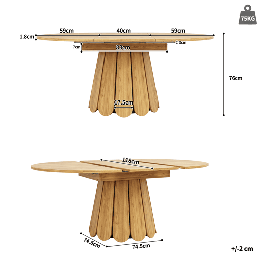 Mesa de jantar extensível redonda 118-158máx cm de mdf,madeira clara Mesa de jantar extensível redonda 118-158máx cm de mdf,madeira clara