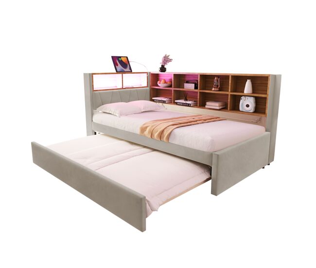 Cama nido de tela 90x200 cm con luz led,gris claro