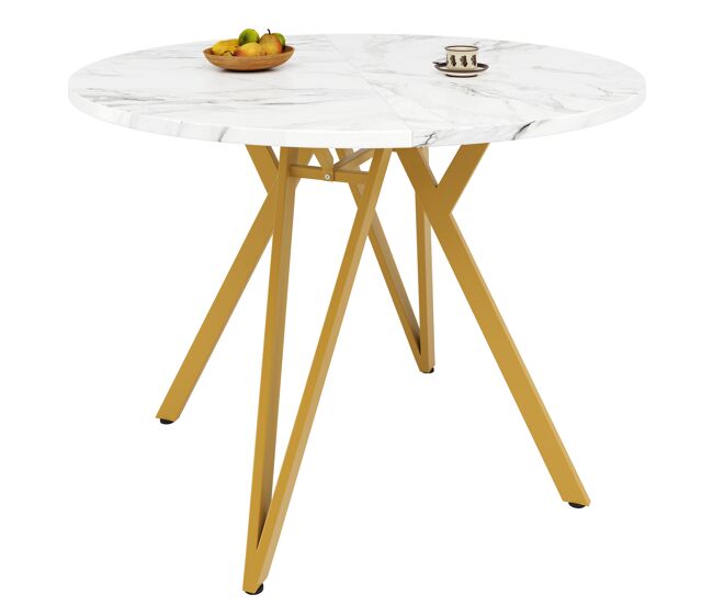 Mesa de comedor fija redonda 100 cm de mdf,blanco+dorado