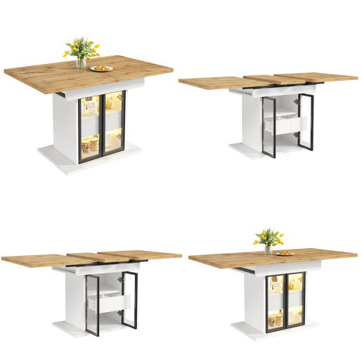 Mesa de jantar extensível retangular 110-140máx cm de mdf com luz led,branco+natural Mesa de jantar extensível retangular 110-140máx cm de mdf com luz led,branco+natural