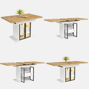 Mesa de jantar extensível retangular 110-140máx cm de mdf com luz led,branco+natural
