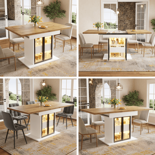 Mesa de jantar extensível retangular 110-140máx cm de mdf com luz led,branco+natural Mesa de jantar extensível retangular 110-140máx cm de mdf com luz led,branco+natural