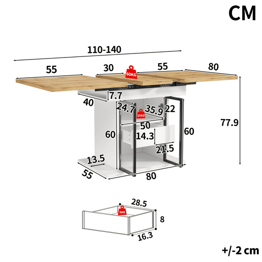 Mesa de jantar extensível retangular 110-140máx cm de mdf com luz led,branco+natural Mesa de jantar extensível retangular 110-140máx cm de mdf com luz led,branco+natural