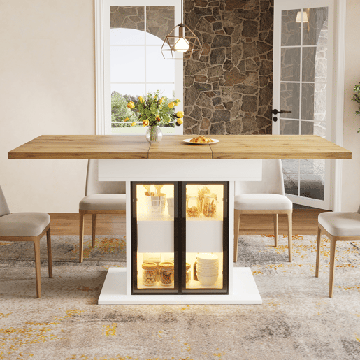 Mesa de jantar extensível retangular 110-140máx cm de mdf com luz led,branco+natural Mesa de jantar extensível retangular 110-140máx cm de mdf com luz led,branco+natural