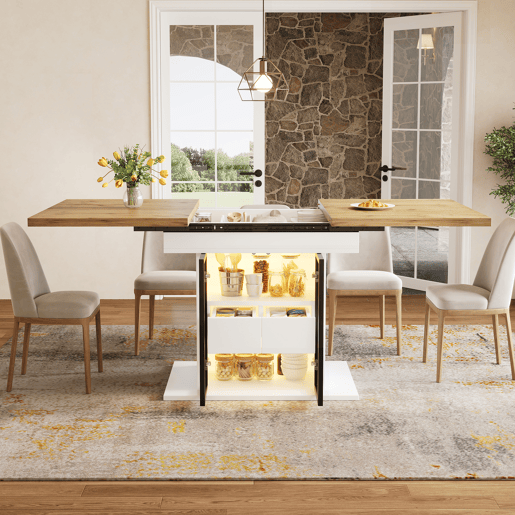 Mesa de jantar extensível retangular 110-140máx cm de mdf com luz led,branco+natural Mesa de jantar extensível retangular 110-140máx cm de mdf com luz led,branco+natural
