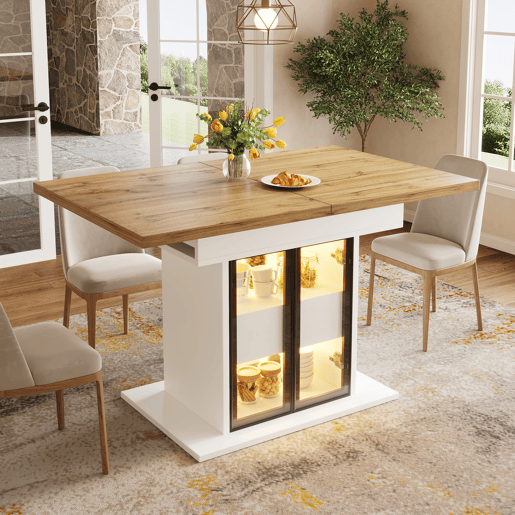 Mesa de jantar extensível retangular 110-140máx cm de mdf com luz led,branco+natural Mesa de jantar extensível retangular 110-140máx cm de mdf com luz led,branco+natural